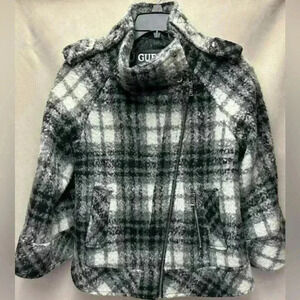Guess Black & White Plaid 3/4 Wide Sleeve wool blend Moto Jacket Size Medium